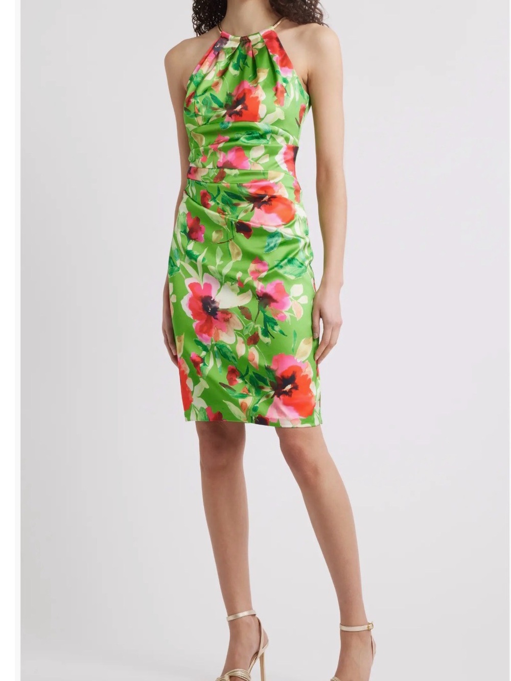 Eliza J Green One-Shoulder Floral Dress with Pink & Red Accents